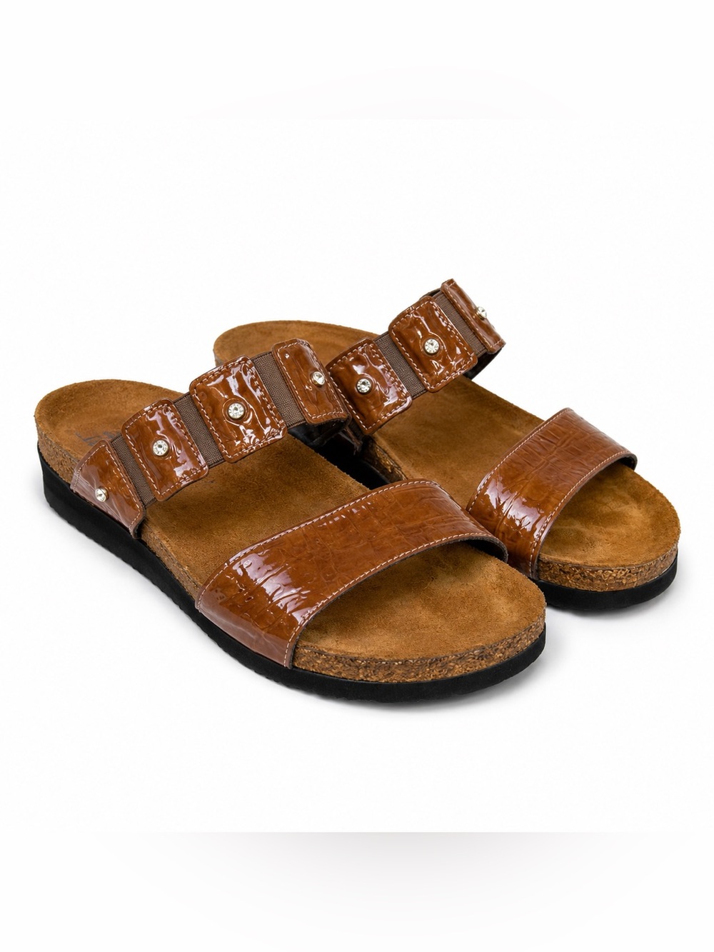 Naot Brown Patent Slide Sandals with Studded Straps